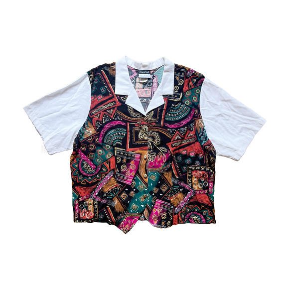 Vtg 80s Womens Collared Top Multicolor Abstract Artsy Funky Groovy Maximalist - Picture 1 of 8